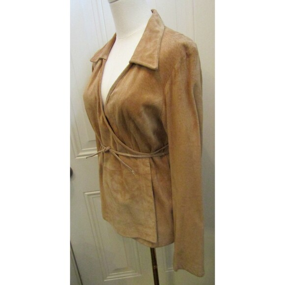 Cache’ Suede Jacket Vintage 90s Y2K Fitted Wrap Around Belt Tan Leather Size S - Picture 3 of 8